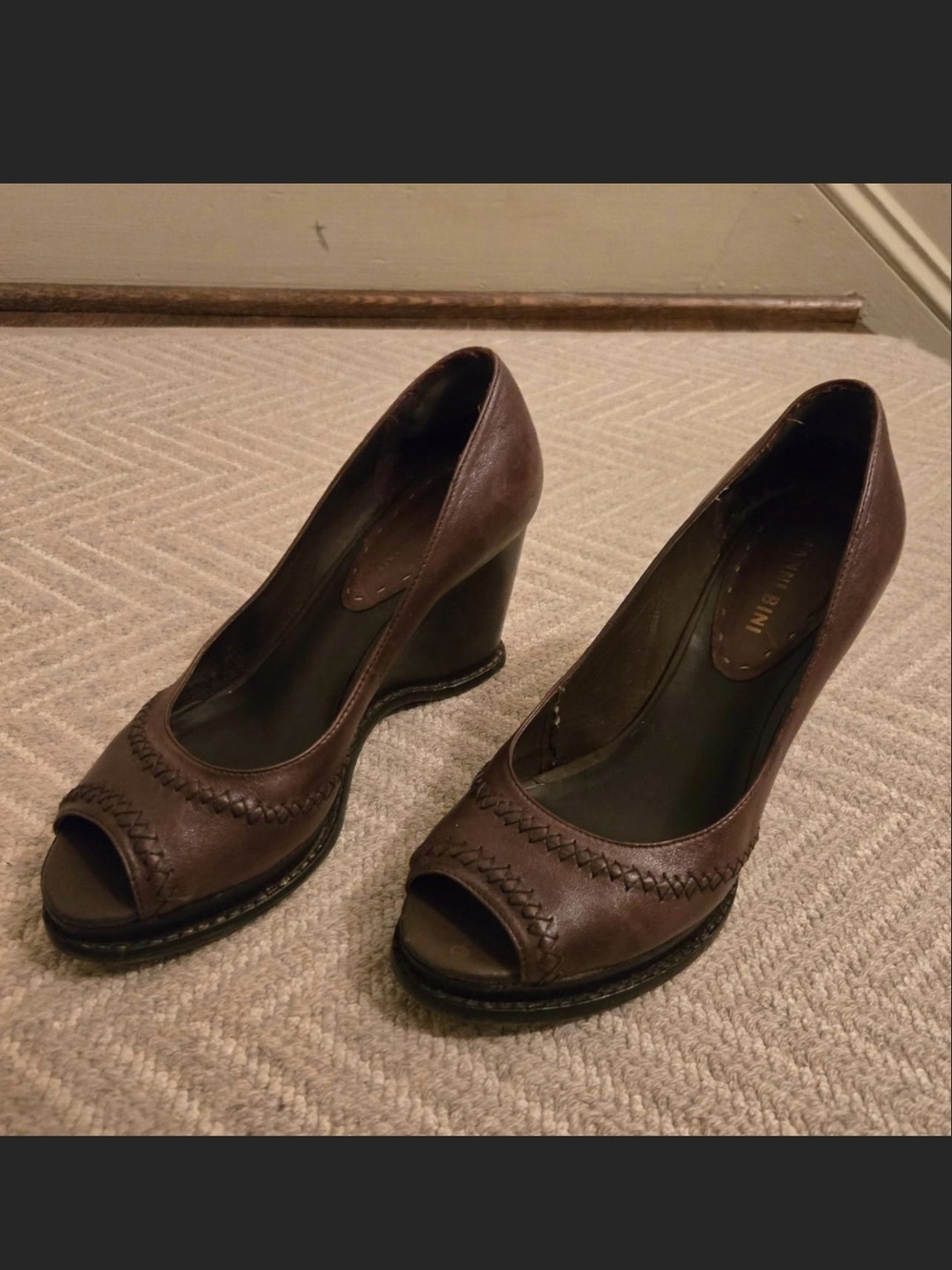 Gianni Bini Brown Peep-Toe Wedge Pumps